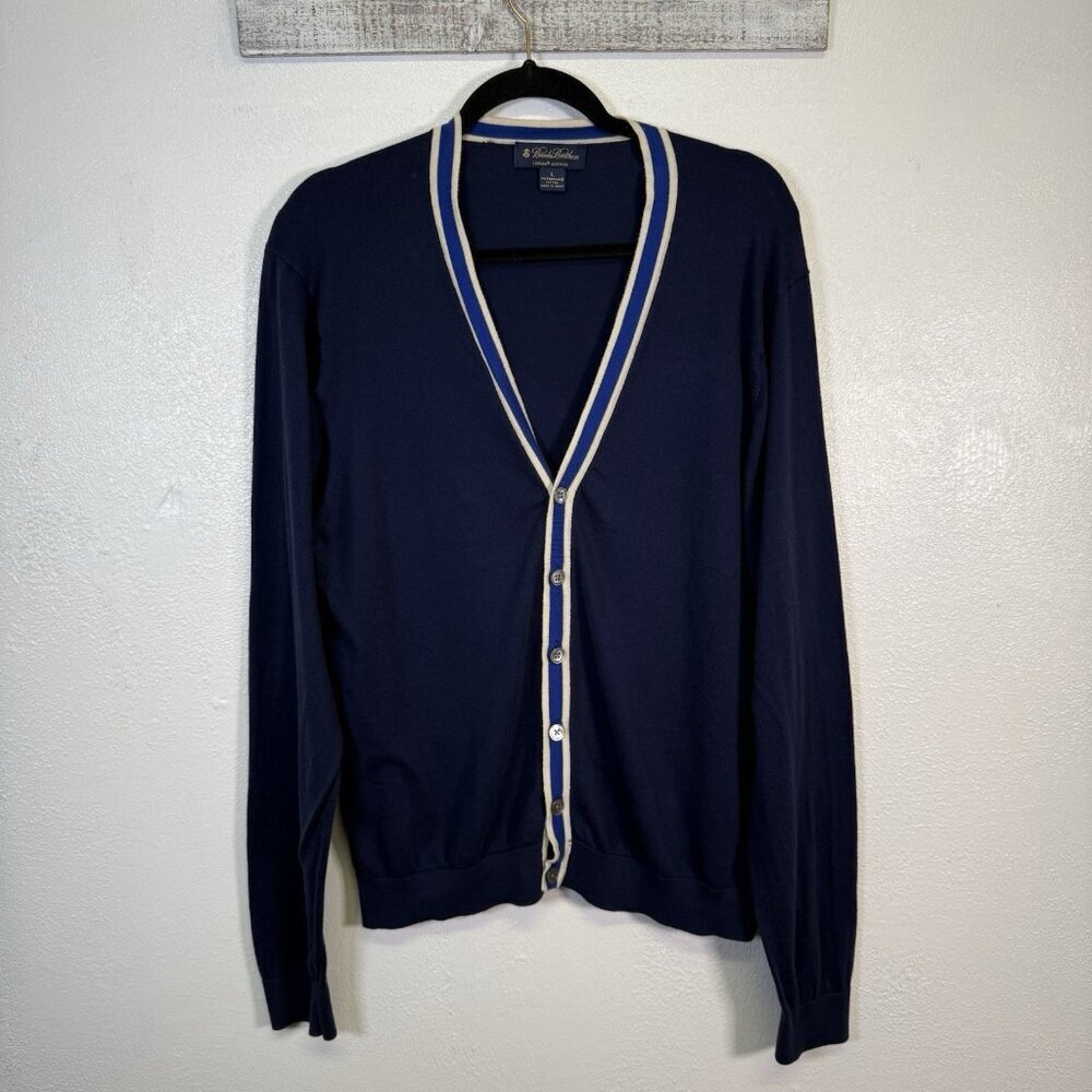Brooks Brothers Button Up Color Block Cardigan Navy Blue Large Quiet Luxury